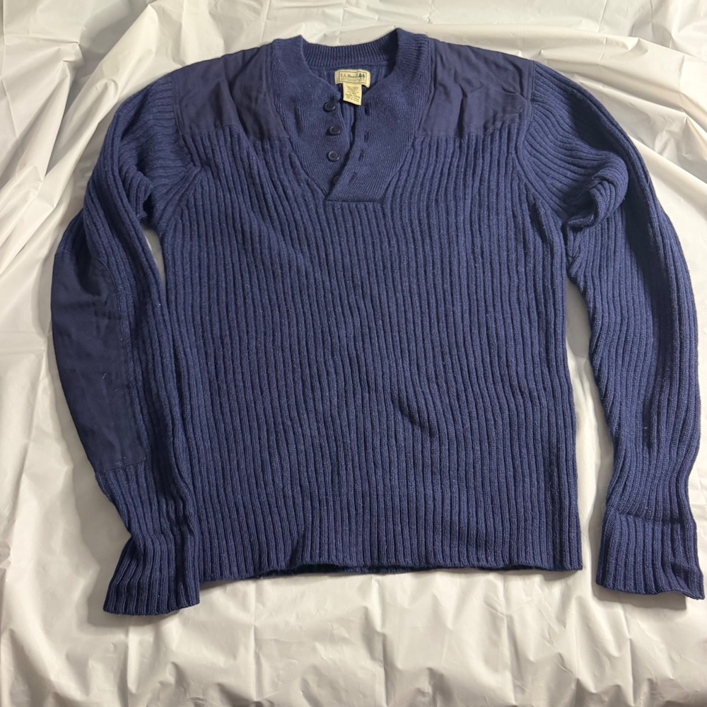 LL Bean Mens Merino Lambswool Commando Henley Sweater L Navy Blue Ribbed Vintage